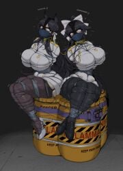 2girls ameng animal_ears arms_behind_back atago_(azur_lane) azur_lane bandana_over_mouth big_breasts black_hair bomb bondage damsel_in_distress dialogue english_text female_only gag gagged_speech garter_straps hairbow high_heels hourglass_figure huge_breasts imminent_death movement_lines orange_eyes panties_on_face panties_on_head pantyhose peril predicament predicament_bondage scared skindentation slim_waist takao_(azur_lane) text thick_thighs tight_bondage trembling wide_hips wire_bondage