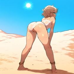 1girls ai_generated ass bare_arms bare_legs bare_thighs barefoot blush bra brown_hair desert feet full_body hot_pants hot_weather legs looking_away original original_character overheated panties sand shiny_skin shorts sun sweat sweatdrop sweating thighs topwear wet_clothes white_shirt yeyehuh