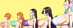 47_hard big_breasts bikini bikini_top boa_hancock breast_size_comparison breast_size_difference female female_only height_difference huge_breasts koala_(one_piece) long_hair nami nami_(one_piece) nico_robin nipple_bulge one_piece oni_female oni_horns orange_hair sideboob striped_bikini yamato_(one_piece)