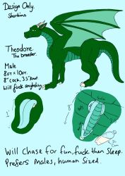 absurd_res blue_penis blue_tongue bodily_fluids claws cum curled_horn dragon english_text feral genital_fluids genitals green_body green_eyes hi_res horn knot knotted_penis larger_male male model_sheet mythological_creature mythological_scalie mythology penis profanity scales scalie sharkins size_difference solo text theodore_(character) tongue