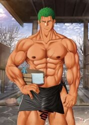 1boy abs bara biceps bs_teppei burning_soul censor_bar censored censored_penis clenched_hand eight_pack gay green_hair hand_on_hip leg_hair male male_only muscles muscular muscular_arms muscular_legs muscular_male muscular_thighs one_piece pecs public_bath roronoa_zoro scar scar_on_chest short_hair six_pack standing thick_thighs vein