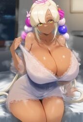 ai_generated ameanon big_breasts blonde_hair breasts brown_skin cleavage dark-skinned_female dark_skin dress_pull dress_tug hololive hololive_english hololive_english_-council- huge_breasts large_breasts negligee nightgown off_shoulder thick_thighs tsukumo_sana virtual_youtuber vtuber yellow_eyes