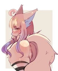 2018 anthro ass ass_focus blush canine clothing embarrassed female fluffy_ears fox fredek666 hair hand_on_chin legwear looking_at_viewer looking_back mammal mostly_nude nervous pink_hair presenting presenting_hindquarters presenting_pussy pussy pussy_juice rear_view simple_background solo thick_thighs thigh_highs