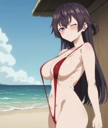 ai_generated asian asian_female bare_legs beach big_breasts black_hair blush huge_breasts huge_thighs large_breasts light-skinned_female light_skin long_hair looking_at_viewer one_eye_closed purple_eyes sling_bikini slingshot_swimsuit smiling solo_female squatting subaruarm suou_yuki sweat sweatdrop thick_thighs thighs tokidoki_bosotto_russian_de_dereru_tonari_no_alya-san voluptuous voluptuous_female