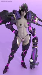 3d abs black_eyes black_hair blender breasts dark-skinned_female dark_nipples dark_skin female grey_skin high_resolution looking_away medium_breasts metal_bikini muscle muscular_female overwatch pharah pharah-best-girl possessed_pharah purple_eyes rocket_launcher scar undead weapon