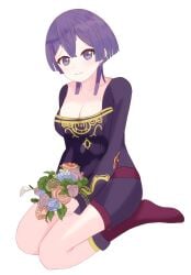 1girls bernadetta_von_varley cleavage fire_emblem fire_emblem:_three_houses flowers large_breasts looking_at_viewer nintendo post-timeskip purple_eyes purple_hair sitting sitting_on_floor smile solo soulx720