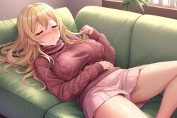 ai_generated bangs big_breasts big_thighs blonde_hair blush gyaru huge_breasts miniskirt skirt sleeping turtleneck turtleneck_sweater wide_hips zarazin