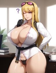 1girls ? ai_generated areola_slip areolae big_breasts blonde_hair bottomless breasts cameltoe cleavage clothes_around_waist coffee collarbone collared_shirt covered_nipples creamballz curvaceous curvy desk digimon digimon_story digimon_story:_cyber_sleuth eyelashes eyewear eyewear_on_head female gloves half-closed_eyes hand_on_hip huge_breasts huge_nipples inside kunaboto_(style) kyouko_kuremi large_breasts lingerie lips long_hair looking_at_viewer mature_female milf mug nipples office office_lady one_eye_closed panties pubic_hair purple_eyes seductive_smile smiling solo sunglasses sunglasses_on_head thick_thighs thighs unbuttoned unbuttoned_shirt venus_body wide_hips wink