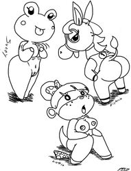 2017 amphibian animal_crossing anthro ass beady_eyes bedroom_eyes bent_over big_breasts biped black_and_white blep blinker_hood bottomless breasts character_name clitoris clothed clothing covering covering_breasts covering_self discarded_clothing english_text equine erect_nipples eyelashes featureless_feet featureless_hands female freckles frog front_view full-length_portrait group hair hair_ribbon hairbow half-closed_eyes holding_breast horse looking_back looking_up lottie_(animal_crossing) mammal mane monochrome mustelid navel nintendo nipples non-mammal_breasts nude open_mouth open_smile otter pandafox_(artist) panties portrait presenting presenting_hindquarters pussy racehorse rear_view ribbons seductive shadow shirt short_hair shortstack simple_background sitting slightly_chubby smile snout standing sunny_(animal_crossing) tail_tuft text thick_thighs tongue tongue_out tuft underwear victoria_(animal_crossing) video_games white_background wide_hips