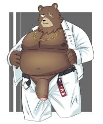 2023 5:6 anthro bear belly ben_bigger bottomwear brown_body brown_fur chain_necklace clothed clothing eye_scar facial_scar fur genitals hi_res humanoid_genitalia humanoid_penis jacket jewelry male mammal mihoyo moobs necklace open_bottomwear open_clothing open_pants open_shirt open_topwear overweight overweight_male pants penis scar shirt solo topwear tumu white_bottomwear white_clothing white_pants zenless_zone_zero