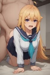 1girls ai_generated blonde_hair doggy_style fat_man female koshi_torako male my_deer_friend_nokotan school_uniform schoolgirl sex shikanoko_nokonoko_koshitantan skinny slim young