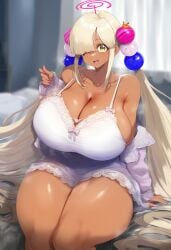 ai_generated big_breasts blonde_hair breasts brown_skin cleavage dark-skinned_female dark_skin hololive hololive_english hololive_english_-council- huge_breasts lace_trim large_breasts negligee nightgown on_bed one_eye_closed sideboob sitting thick_thighs tsukumo_sana virtual_youtuber vtuber wink yellow_eyes