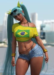 3d athletic athletic_female bare_midriff bikini blue_eyes bracelet brazil brazilian brazilian_female brazilian_miku busty crop_top daisy_dukes denim_shorts exxxartist female female_focus female_only flower_in_hair hatsune_miku hourglass_figure jean_shorts long_hair makeup navel necklace outdoors outside pinup pinup_pose short_shorts shorts standing sunglasses_on_head t-shirt tagme tan tan_body tan_skin tanline thong_bikini turquoise_hair twintails vocaloid waist_chain wide_hips