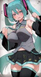 1girls alternate_breast_size aqua_eyes aqua_hair aqua_necktie bare_shoulders black_skirt black_sleeves black_thighhighs bouncing_breasts breasts clenched_hands commentary detached_sleeves dot_nose facing_viewer female grey_shirt hair_between_eyes hair_ornament half-closed_eyes hands_up hatsune_miku headset highres hizake kashu_(hizake) large_breasts legs_together long_bangs long_hair looking_to_the_side midriff_peek miniskirt motion_blur musical_note navel necktie open_mouth shirt skindentation skirt sleeveless sleeveless_shirt solo standing sweat tattoo thighhighs twintails very_long_hair vocaloid wide_sleeves zettai_ryouiki