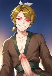 1boy ai_generated blonde_hair brown_kimono collarbone erection evil_grin genderswap_(ftm) glowing_eyes grin japanese_clothes kimono large_penis male male_only masa_works_design milua oni_to_kitsune_no_hanashi open_clothes open_kimono parted_bangs pectorals penis ponytail red_eyes ribbon rule_63 self_upload shikyou_amanojaku short_hair short_ponytail smile solo solo_male swept_bangs teeth uncensored