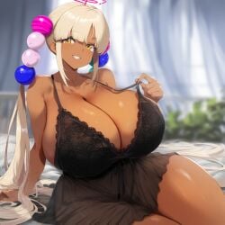 ai_generated big_breasts blonde_hair breasts brown_skin cleavage dark-skinned_female dark_skin hololive hololive_english hololive_english_-council- huge_breasts lace_trim large_breasts negligee nightgown on_bed sideboob sitting thick_thighs tsukumo_sana virtual_youtuber vtuber yellow_eyes