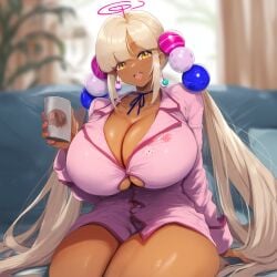 ai_generated big_breasts blonde_hair breasts brown_skin button_gap cleavage dark-skinned_female dark_skin hololive hololive_english hololive_english_-council- huge_breasts large_breasts pajamas thick_thighs tsukumo_sana underboob virtual_youtuber vtuber yellow_eyes