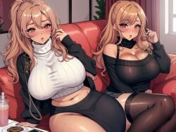 ai_generated bangs big_breasts big_thighs blush brown_hair crop_sweater crop_turtleneck cropped_sweater gyaru huge_breasts ponytail skirt slutty_clothing slutty_outfit thigh_highs turtleneck turtleneck_sweater two_girls wide_hips zarazin