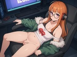 ai_generated atlus chair flaccid futanari glasses headphones jacket long_hair navel off_shoulder orange_hair penis persona persona_5 purple_eyes robinlover sakura_futaba solo tagme