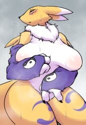 anthro areola bandai_namco big_breasts black_sclera blue_eyes blush breasts canid canine digimon digimon_(species) female fur hi_res mammal nipples nude renamon simple_background solo tokumori_kaisen white_body white_fur yellow_body