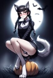 ai_generated bats black_hair blush canine_pussy cookie-girl digitigrade dress foggy_background frowning furry furry_female furry_only jenna_ortega looking_at_viewer masturbation moon moonlight paws pumpkin silver_eyes simple_background the_addams_family uniform upskirt wednesday_(netflix) wednesday_addams white_fur white_hair_ornament wolf_ears wolf_girl wolf_tail