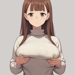 1girls ai_generated bangs bodily_fluids brown_eyes brown_hair cupping_breasts ears eyebrows eyebrows_visible_through_hair female grabbing_own_breast gray_background groping groping_breasts lactating lactation lactation_through_clothes long_hair looking_at_viewer medium_hair milk nipples_visible_through_clothing no_bra solo solo_female supergetthi turtleneck turtleneck_sweater white_background white_sweater