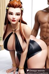 1girl1boy ai_generated big_breasts black_dress brigitte brigitte_lindholm brown_eyes brown_hair date_night doggy_style doggy_style doggy_style_position dress female from_behind lipstick looking_at_viewer modakawa_dress o_ring omega-weirdo overwatch overwatch_2 patreon red_lipstick red_nails sex