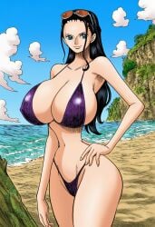 accuratemanga ai_generated beach bikini black_hair blue_eyes breasts day female female_only gigantic_breasts happy hi_res highres huge_ass huge_breasts large_breasts light-skinned_female light_skin long_hair looking_at_viewer manga narrow_waist navel nico_robin one_piece original outdoors outside slim_waist smile standing suggestive thick_thighs wide_hips young