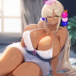 ai_generated ameanon big_breasts blonde_hair breasts brown_skin cleavage dark-skinned_female dark_skin hand_on_breast hololive hololive_english hololive_english_-council- huge_breasts lace_trim large_breasts negligee nightgown sideboob thick_thighs tsukumo_sana virtual_youtuber vtuber yellow_eyes