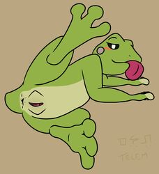 2018 3_toes amphibian animal_crossing anthro anus arm_support bedroom_eyes beige_anus big_feet biped black_sclera blep blush brown_background clitoris countershade_torso countershading digitigrade female fingerless_(marking) flat_chested frog full-length_portrait green_skin green_tail half-closed_eyes looking_at_viewer lying multicolored_skin nintendo nude on_side pink_pussy pink_tongue portrait presenting presenting_anus presenting_pussy pussy raised_leg seductive short_tail simple_background smile solo sunny_(animal_crossing) tan_countershading tan_skin telem thick_tongue toes tongue tongue_out two_tone_skin video_games white_eyes