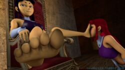 alien alien_girl alien_look_like_human blackfire dc dc_comics feet female femdom foot_worship komand'r koriand'r looking_at_viewer pov scoobz smothering starfire tan-skinned_female tan_skin teen_titans yuri