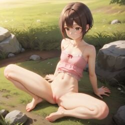 ai_generated bottom_nude brown_hair camisole female nature outside short_hair sitting skinny_waist spread teen