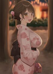 big_breasts earrings festival hair_bun hair_ornament looking_at_viewer ol-chan_(ol_mahonanoka) ol_mahonanoka open_mouth original tied_hair yukata