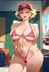 2d ai_generated baseball_cap bikini blonde_hair cindy_aurum female female_focus female_only final_fantasy final_fantasy_xv hat hellblueboy4 micro_bikini pink_bikini short_hair solo solo_female solo_focus square_enix tagme