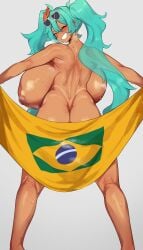 1girls areolae ass big_areola big_ass big_breasts big_nipples blue_hair blush brazil brazilian brazilian_female brazilian_flag brazilian_miku breasts butt_crack cham22 covered_ass covering_ass cyan_eyes cyan_hair female female_only flag flag_print flower flower_in_hair gigantic_breasts grin hatsune_miku hoop_earrings huge_areolae huge_ass huge_breasts huge_nipples latin_american_hatsune_miku_(meme) long_hair long_twintails looking_at_viewer looking_back nipples smile solo sunglasses sunglasses_on_head sweat sweatdrop sweating sweaty_body sweaty_breasts tan_body thighs top_heavy towel twintails vocaloid wink