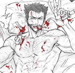 abs beard bed blood blood_on_chest blood_on_face blood_on_hands blush bone chest_hair claw_(weapon) deadpool deadpool_&amp;_wolverine_(2024) facial_hair gay gyeleul implied_sex implied_yaoi injury knife male_focus marvel marvel_cinematic_universe mouth_hold muscular nipples nude on_bed pectorals pillow rough_sex severed_finger stab tears torn_pillow weapon wolverine_(x-men) x-men yaoi