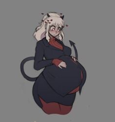 fully_clothed hands_on_own_belly heart-shaped_pupils modeus_(helltaker) pregnant