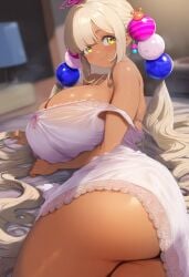 ai_generated ass big_ass big_breasts blonde_hair breasts brown_skin cleavage dark-skinned_female dark_skin hololive hololive_english hololive_english_-council- huge_breasts large_ass large_breasts negligee nightgown off_shoulder on_bed thick_thighs tsukumo_sana virtual_youtuber vtuber yellow_eyes