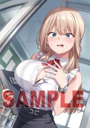 1girls anatatachi_soredemo_sensei_desu_ka! big_breasts blonde_hair blush bra bra_peek button_gap embarrassed female ishizaka_ryuudai sample sample_watermark shinozaki_kimiko teacher visible_underwear watch