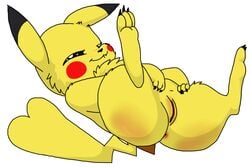 1girls 3_toes anus ass bedroom_eyes big_ears black_eyes black_fur brown_fur cleft_tail eyelashes feet female female_only feral fur furry furry_only half-closed_eyes hand_on_belly long_ears looking_at_viewer nintendo nude on_back paws pikachu pokémon_(species) pokemon presenting presenting_pussy pussy rodent seductive smile solo spread_legs spreading syntex tail video_games white_background wide_hips yellow_fur