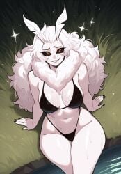 ai_generated anthro big_breasts bikini bikini_bottom bikini_top black_bikini black_sclera civitai colored_sclera dutch_angle feet_in_water female female_focus female_only fluffy fluffy_hair furry furry_female furry_only grass high-angle_view ihatethemic large_ass large_breasts long_hair looking_at_viewer looking_up moth moth_antennae moth_girl moth_humanoid nervous_smile sitting slight_smile smile smiling smiling_at_viewer solo solo_female solo_focus sparkles sweat sweatdrop sweating sweaty sweaty_body swimwear tagme thick_ass thick_thighs water wet wet_body white_body white_fur white_hair white_skin wide_hips yellow_eyes