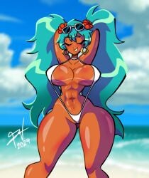 2024 2d 2d_(artwork) armpits arms_up athletic athletic_female beach big_breasts bikini_tan brazil brazilian brazilian_female brazilian_miku breasts busty choker closed_eyes earrings female female_focus female_only flower_in_hair hands_behind_head hatsune_miku hourglass_figure long_hair lordrz3 navel outdoors outside pinup pinup_pose sling_bikini slingshot_swimsuit tagme tan tan_body tan_skin tanline twintails vocaloid wide_hips