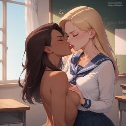 2girls ai_generated french_kiss interracial kissing naked pasart tongue tsundere yuri