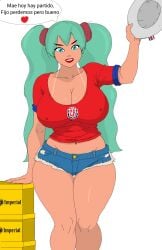 alternate_skin_color beer big_breasts breasts_out clothed clothing costa_rica costa_rican dark-skinned_female dark_skin female female_only football_uniform fotec happy hatsune_miku jean_shorts latin_american_hatsune_miku_(meme) lipstick meme nipple_bulge nipples_visible_through_clothing pubic_hair spanish_dialogue spanish_text talking_to_viewer text text_bubble thick thick_legs thick_thighs vocaloid