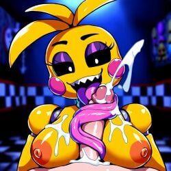 ai_generated animatronic black_sclera cum cum_on_breasts cumming cumshot fellatio five_nights_at_freddy's five_nights_at_freddy's_2 fnaf furry furry_female indoors large_areolae large_breasts long_tongue nipples orgasm orgasm_from_oral penis_between_breasts sharp_teeth tongue tongue_around_penis tongue_out tonguejob toy_chica_(fnaf) yellow_body yiff