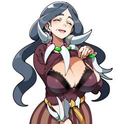 1girls 2025 ai_generated black_hair cleavage drasna_(pokemon) female game_freak gilf granny large_breasts mature_female mullon novelai old old_woman older_female pokemon pokemon_xy