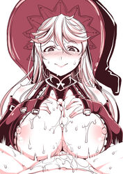 blush breasts collar cum cum_on_body cum_on_breasts cum_on_upper_body detached_sleeves female granblue_fantasy greyscale hat large_breasts long_hair magisa_(granblue_fantasy) monochrome nipples paizuri satsuki_imonet smile solo_focus sweat witch_hat