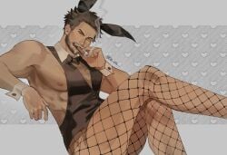 1boy abs animal_ears ass beard black_vest bow bowtie brown_hair chest_hair cigar crossed_legs detached_collar facial_hair fake_animal_ears fishnets gay heart holding large_pectorals lia_ria looking_at_viewer male_focus male_playboy_bunny marvel marvel_comics muscular muscular_male nipples pectorals rabbit_ears short_hair sitting smoke smoking solo thighs vest wolverine_(x-men) wrist_cuffs x-men