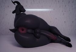 ai_generated anthro big_ass big_balls big_penis black_body black_fur civitai femboy girly goat hame89(artist) horns laying_on_side oiled_body presenting_anus presenting_hindquarters presenting_penis rear_view tagme