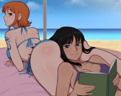 2girls afrobull ass ass_bigger_than_head ass_pillow bangs beach beach_towel big_ass bikini black_eyes black_hair blue_eyes blue_tattoo blush book breasts butt_pillow clothing different_ass_sizes duplicate female female_only ginger laying_down laying_on_ass looking_at_viewer nami nami_(classic) nami_(one_piece) nico_robin nico_robin_(classic) no_penetration ocean one_piece orange_hair pre-timeskip reading reading_book sand seaside smiling tattoo